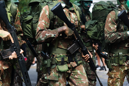 Salvador, Bahia, Brazil - September 07, 2024: Army troops are seen marching during the celebration of Brazilian independence in the city of Salvador, Bahia.のeditorial素材