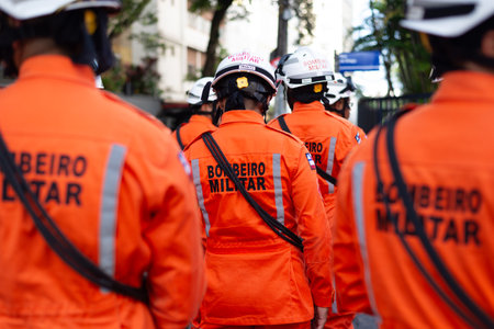 Salvador, Bahia, Brazil - September 07, 2024: Rescue soldiers are seen in formation during the celebration of Brazilian Independence Day in the city of Salvador, Bahia.のeditorial素材