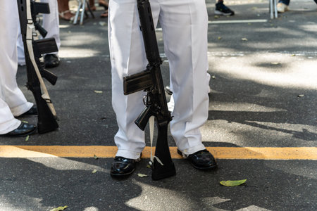 Salvador, Bahia, Brazil - September 07, 2024: Navy personnel are seen in formation during the...