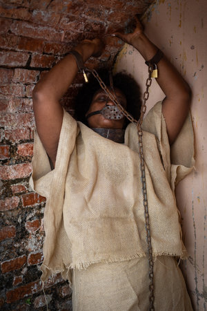 Black woman in chains, with an iron mask stuck in her mouth. Feelings of fear and sadness. Slavery in Brazil. Representation of the slave Anastacia.の写真素材