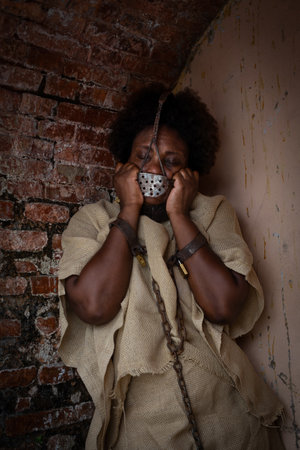 Black woman in chains, touching the iron mask attached to her face with a look of fear. Representation of the slave Anastacia. Slavery in Brazil.の写真素材