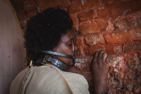 Portrait of a black woman chained and with an iron mask stuck in her mouth, leaning against a brick wall. Slavery in Brazil. Feelings of fear and sadness.の写真素材