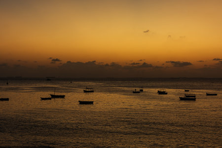 Beautiful dramatic sunset with dark orange clouds. Twilight. Living nature. Salvador, Bahia.の写真素材