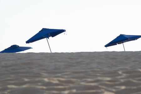 Umbrellas on the beach with blue sky and sea in the background. Vacation concept. fun.の写真素材