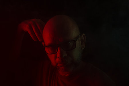 Close-up portrait of bald and bearded man in prescription glasses posing for photo. Isolated on dark background with colored lights. South American person.の写真素材