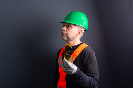 Civil worker wearing green helmet, reflective vest and posing for photo. isolated on gray background. Construction worker.の写真素材