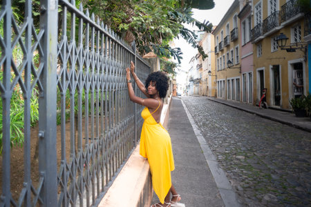 Portrait of a beautiful black woman with afro hair wearing a yellow dress leaning against an old iron fence. Happy person on a trip.の写真素材