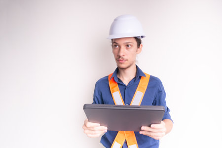 Young architect wearing white helmet and luminous vest, working with laptop. Isolated on white background. Safety equipment.の写真素材