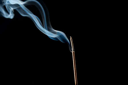 Close-up of smoking incense sticks against a dark background. Studio shot.の写真素材