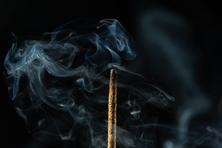 Close-up of smoking incense sticks against a dark background. Studio shot.