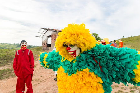 Unidentified people dressed in terrifying costumes in a rural area. Carnival day in Brazil.