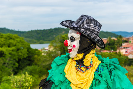 Unidentified person dressed in clown costume playing during Carnival day in Brazil.