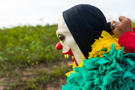 An unidentified person dressed in a terrifying costume in a rural area. Carnival day in Brazil.の写真素材