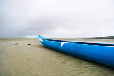 Blue fishing canoe anchored on the sand of a dry beach. Very rainy day with dense clouds. Brazilの写真素材