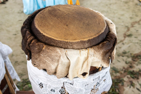 African percussion drum of the Candomblé religion made of wood and animal skin. Bahia, Brazilの写真素材