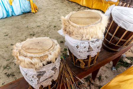 Afro percussion drums of the Candomblé religion made of wood and animal skin. Bahia, Brazilの写真素材