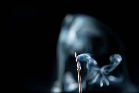 Blue-white smoke coming from the tip of an incense stick. Studio shot.の写真素材