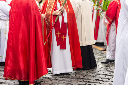 Salvador, Bahia,Catholic priests are seen taking part in the Palm Sunday procession. Salvador, Brazilの写真素材