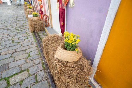 Sidewalk of a street with typical decorations of the festival of Saint John. Pelourinho, Brazil.の写真素材