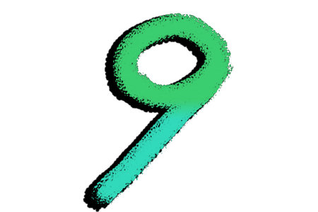 Simple 9 green gradient number. A modern and minimalist aesthetic. Black shadow. Hand-drawn with a...