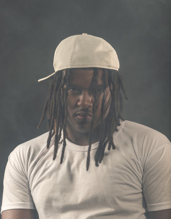 man with dreadlocks wearing a hat and white shirt posing for the camera in a studio against a smoky...