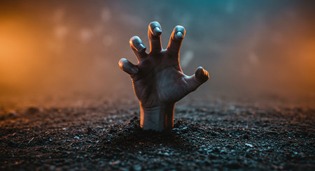 A sinister hand emerges dramatically from the ground under a night sky, illuminated by warm and cool lights. Halloween. AI-generated imageの素材