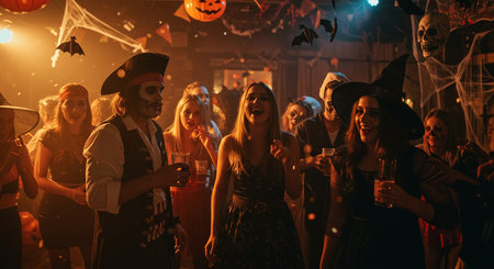 Young adults enjoy Halloween night with festive cheer and decorations, evoking the spooky and joyful spirit of the season. AI-generated imageの素材