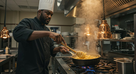 A cheerful chef in a uniform and hat enthusiastically prepares macaroni and cheese in a commercial kitchen.の素材