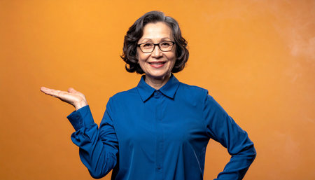 Portrait of a confident woman wearing prescription glasses and a blue shirt, standing and gesturing with her hands against an orange background.の素材