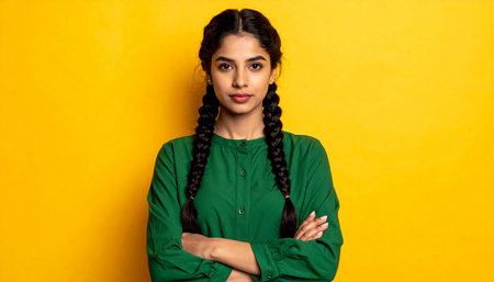 Portrait of a confident woman wearing a satin green blouse, standing with her arms crossed against a vibrant yellow background.の素材