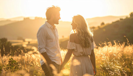 A couple walks hand in hand through tall grass at sunset, bathed in warm golden light. The scene exudes romance and connection.の素材