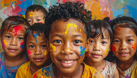 An animated scene shows a diverse group of children with paint on their faces and hands. Art session.の素材