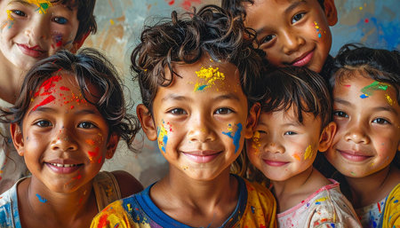 An animated scene shows a diverse group of children with paint on their faces and hands. Art session.の素材