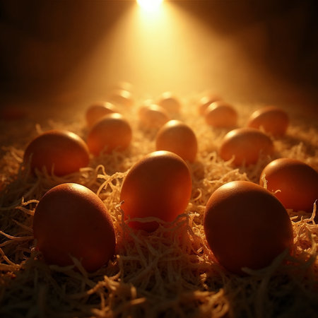 A cozy straw nest holds brown eggs, with light from above evoking farm freshness and natural simplicity.の素材