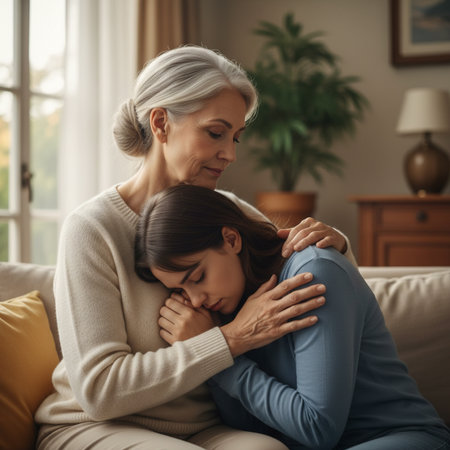 Two women share a tender and comforting moment with a hug. The scene conveys affection, friendship, and family bonds, highlighting support and connection in adulthood.の素材