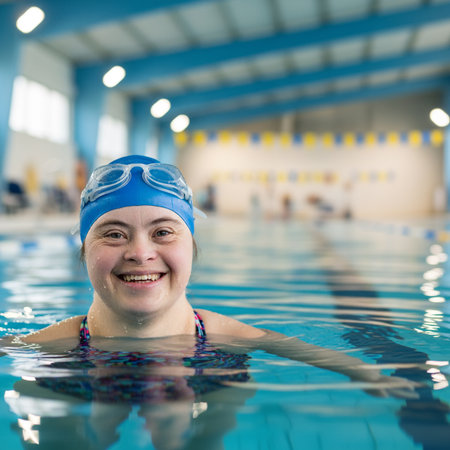 In the center, a child with Down syndrome radiates happiness as he splashes, surrounded by his smiling peers in the background. The vibrant scene in the pool highlights a moment of inclusion and friendship.の素材