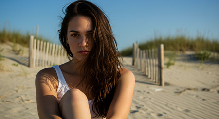 A relaxed portrait of a young woman on a sandy beach, knees drawn up, hair blown by the breeze. Warm natural light creates a calm, inviting mood for lifestyle and travel uses.の素材