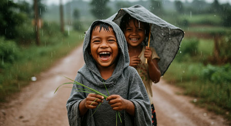 Two smiling children walk along a muddy rural path in the rain, one with a towel over his head and the other holding grass, capturing carefree joy and the playful mood of rainy days.の素材
