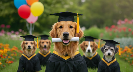 A group of graduate dogs wearing caps and gowns pose in a lush garden, with balloons and a held diploma, conveying celebration, achievement, and pet-friendly school spirit, joy and togetherness.の素材