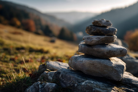 Image of a stack of stones balanced on rocks, with a natural mountain backdrop.の素材