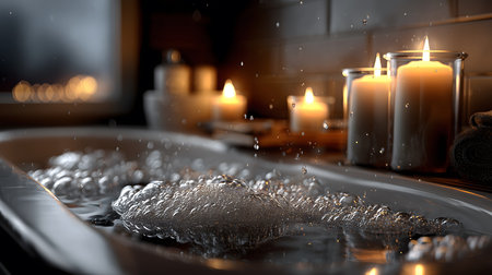 A bathtub full of bubbles in a cozy space lit by lit candles, with folded towels and a window in the background. Relaxation and self-care.の素材