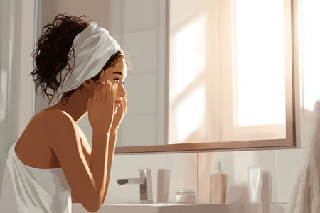 Portrait of a young woman with a towel on her head, observing her own reflection, in a moment of care and tranquility.の素材