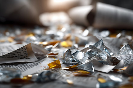 Artistic image showing fragments and pieces of paper. Soft lighting and a blurred background highlight the contrast between the colors.の素材