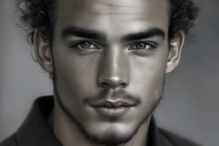 A close-up black-and-white portrait of a young man or teenager, with dark skin, standing out sharply against a light or white background.の素材