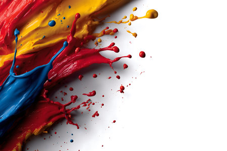 The image shows a paint splash with very vibrant colors in high detail, with the action captured at the peak of the movement, creating crown shapes and droplets in the air.の素材