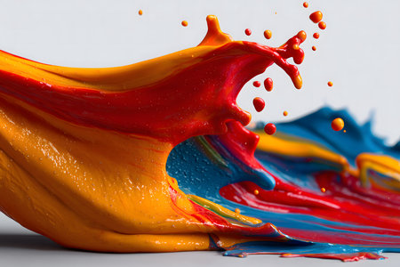 The image shows a paint splash with very vibrant colors in high detail, with the action captured at the peak of the movement, creating crown shapes and droplets in the air.の素材