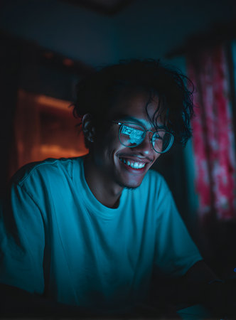 A close-up photograph with atmospheric, neon lighting, capturing a young adult wearing sunglasses reflecting the light and code from his computer screen.の素材