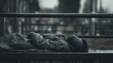 A street photograph capturing a homeless man sleeping on the sidewalk.の素材