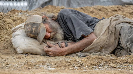 A street photograph capturing a desolate, elderly man sleeping on a dirt street.の素材