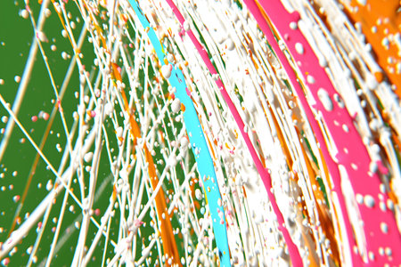 The image features paint splashes that overlap slightly, each in a distinct primary or secondary color. The style is watercolor or liquid stain.の素材